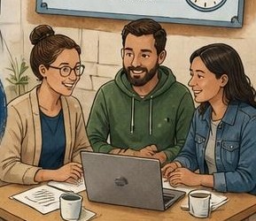 Drei Mitarbeitende arbeiten gemeinsam am Laptop