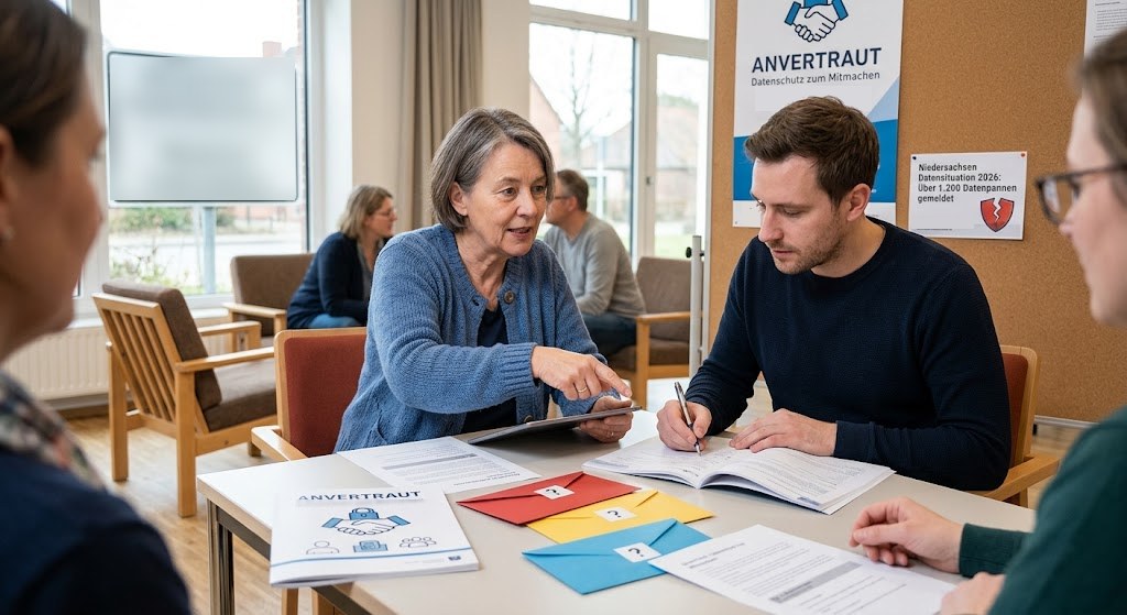 Workshop: Eine Referentin erklärt zwei Teilnehmenden den Kurs, auf dem Tisch liegen drei Briefumschläge mit Fragezeichen