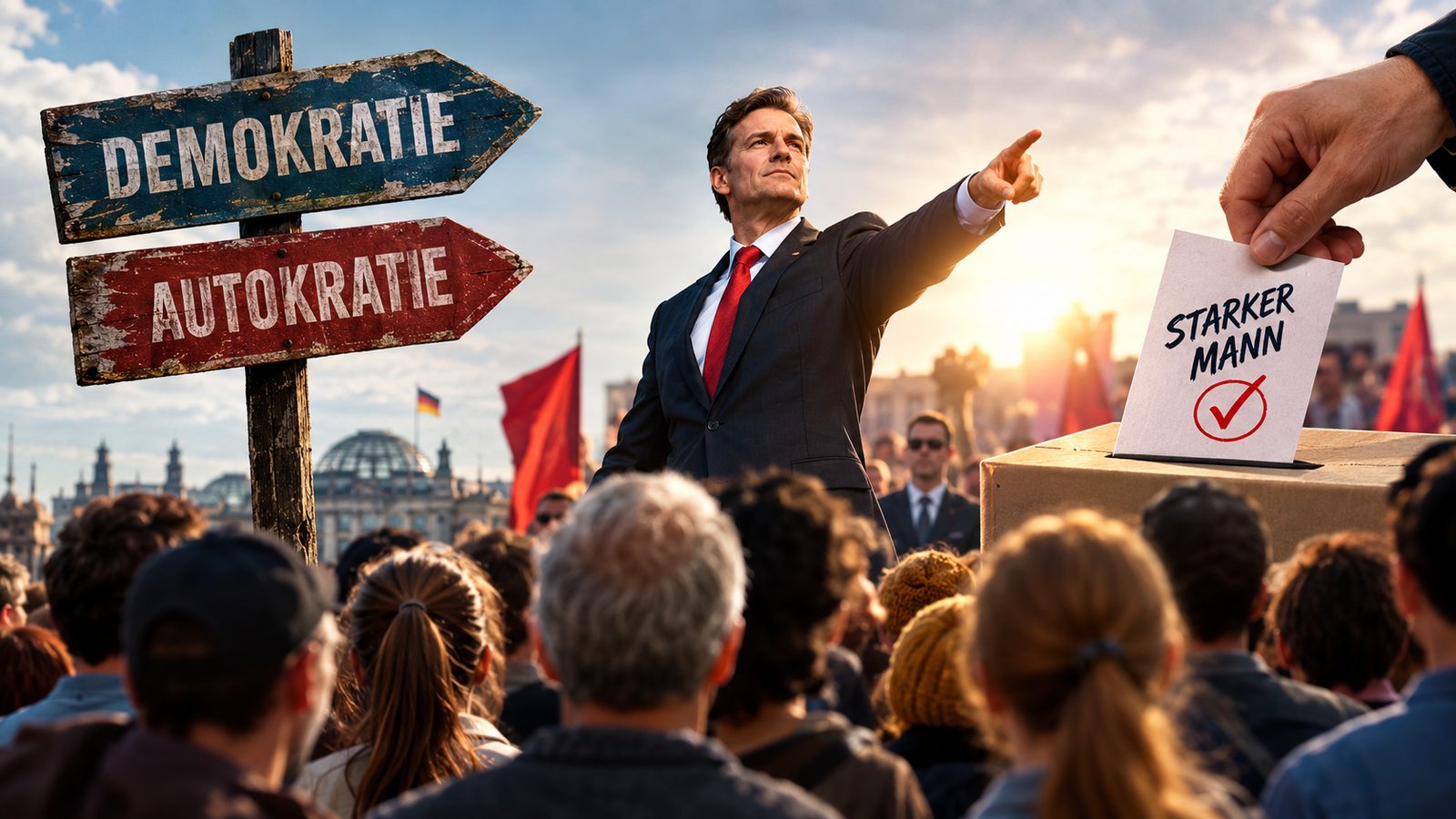 Wegweiser „Demokratie“ und „Autokratie“, ein Redner mit ausgestrecktem Arm vor einer Menschenmenge, eine Hand wirft einen Stimmzettel „Starker Mann“ in die Urne