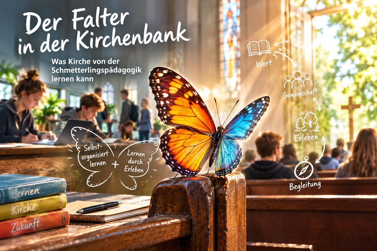 Titelbild zum Essay: Schmetterling auf einer Kirchenbank, Schriftzug „Der Falter in der Kirchenbank“