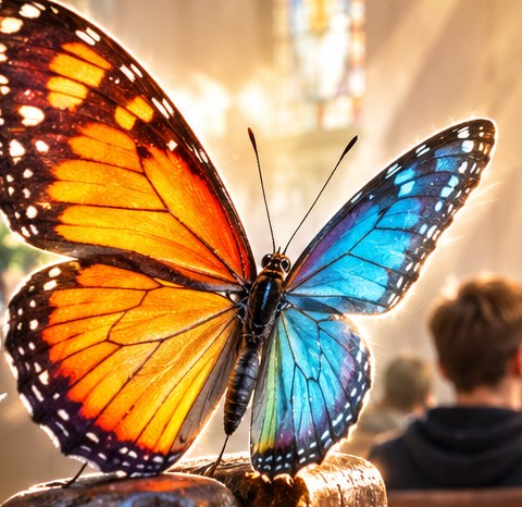 Ein Schmetterling mit einem orangen und einem blauen Flügelpaar sitzt auf der Lehne einer Kirchenbank.