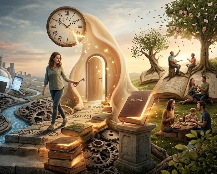 Eine Frau mit Schlüssel geht über Stufen auf eine Tür zu, daneben ein Buch mit der Aufschrift Freude und Menschen beim Picknick