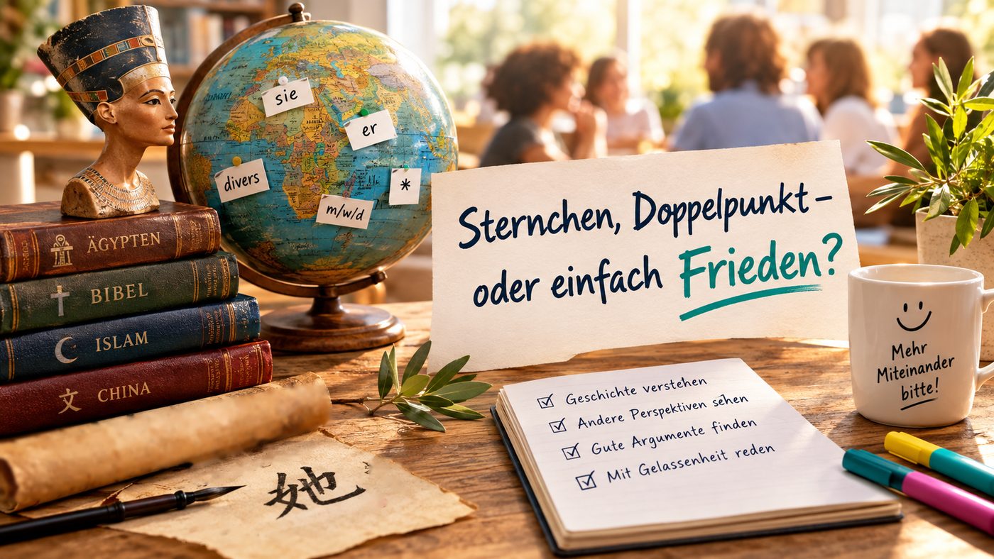 Schreibtisch mit Büchern zu Ägypten, Bibel, Islam und China, Globus mit Zetteln „sie“, „er“, „divers“, „m/w/d“ und einem Sternchen, Schild „Sternchen, Doppelpunkt – oder einfach Frieden?“, Notizbuch und Tasse „Mehr Miteinander bitte!“