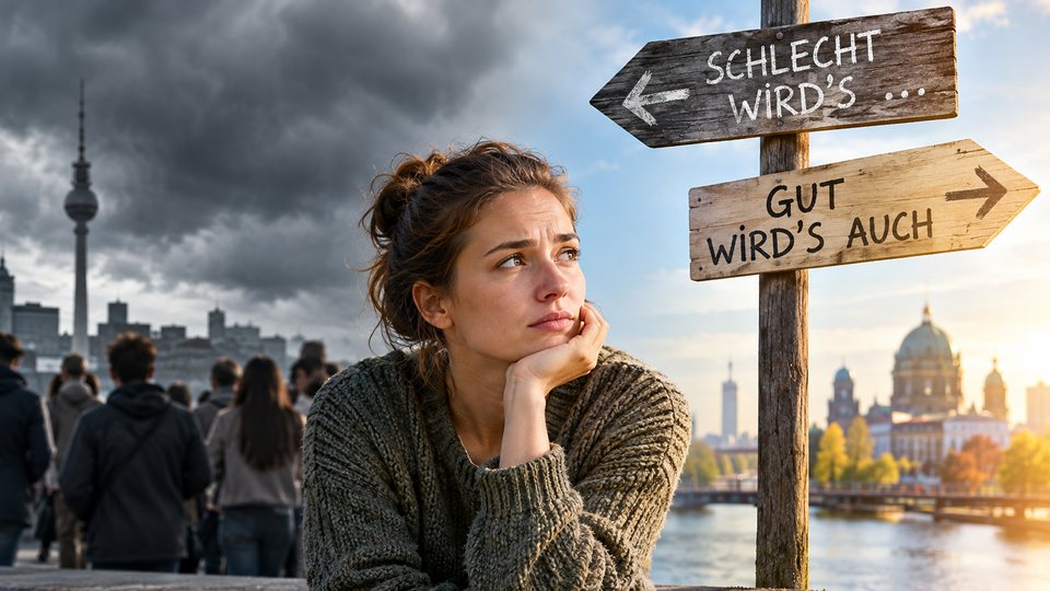 Eine junge Frau vor einem Wegweiser: „Schlecht wird’s …“ nach links, „Gut wird’s auch“ nach rechts.