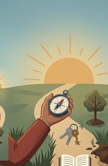 Illustration: Eine Hand hält einen Kompass, dahinter ein Weg in den Sonnenaufgang