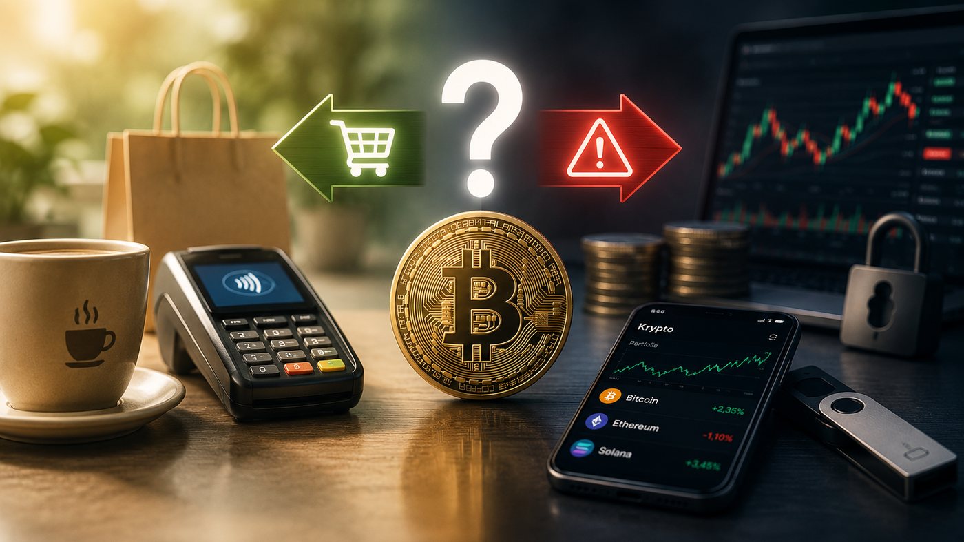 Krypto – oder was? Bitcoin zwischen Einkaufskorb und Warnschild.