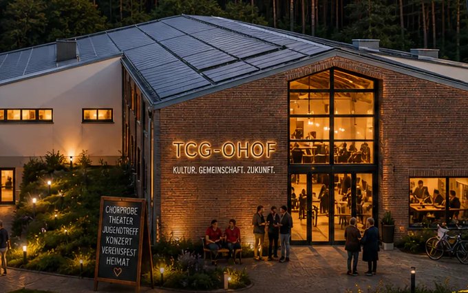 Illustration: das Kulturhaus TCG-Ohof am Abend, davor eine Tafel mit Chorprobe, Theater, Jugendtreff, Konzert, Vereinsfest, Heimat