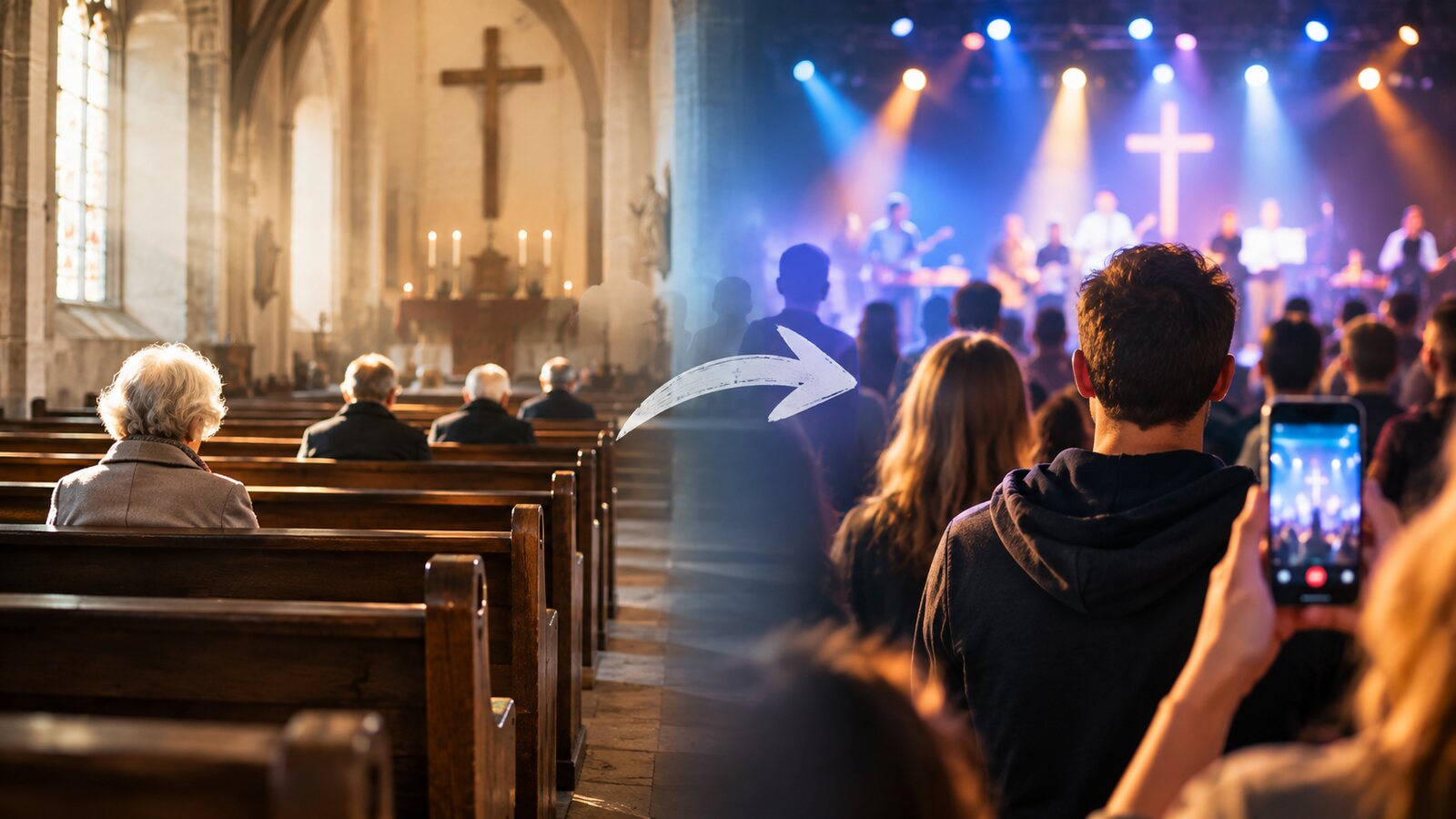Links eine fast leere alte Kirche mit älteren Menschen in den Bänken, ein Pfeil führt nach rechts zu einer Lobpreis-Bühne mit Scheinwerfern, wo junge Menschen mit dem Handy filmen.