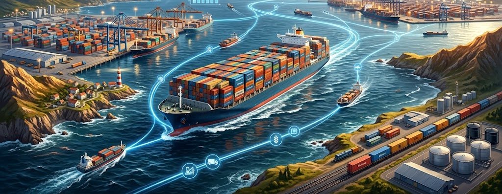Containerschiff auf blauem Meer zwischen Häfen und Güterzügen (KI-Bild)