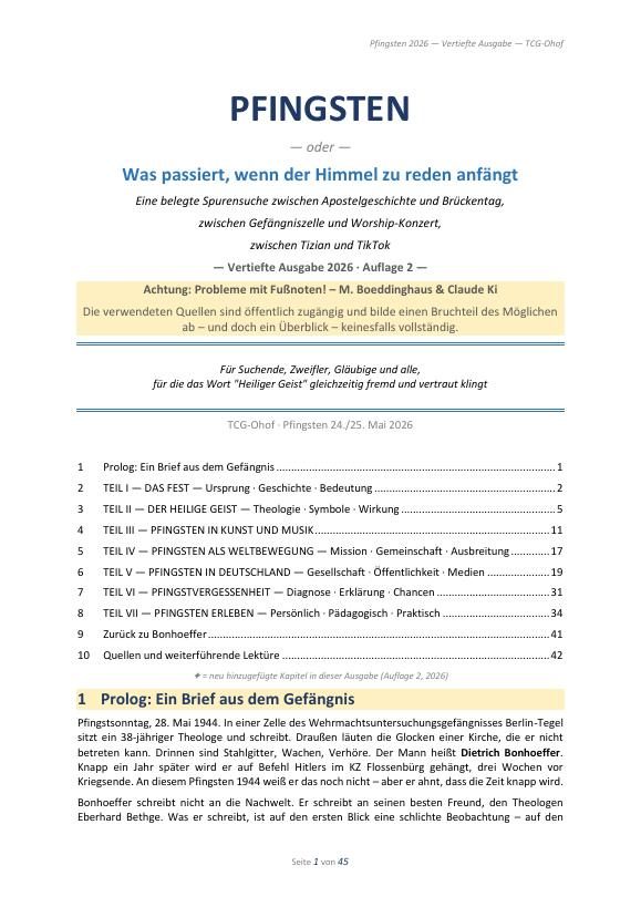 Titelseite des Essays „Pfingsten – oder – Was passiert, wenn der Himmel zu reden anfängt“