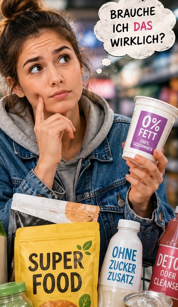 Junge Frau im Supermarkt hält nachdenklich einen Becher mit der Aufschrift „0 % Fett“, vor ihr Packungen mit Bio, Superfood und „ohne Zuckerzusatz“