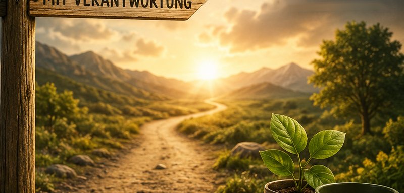 Weg in eine sonnige Landschaft, daneben ein Wegweiser