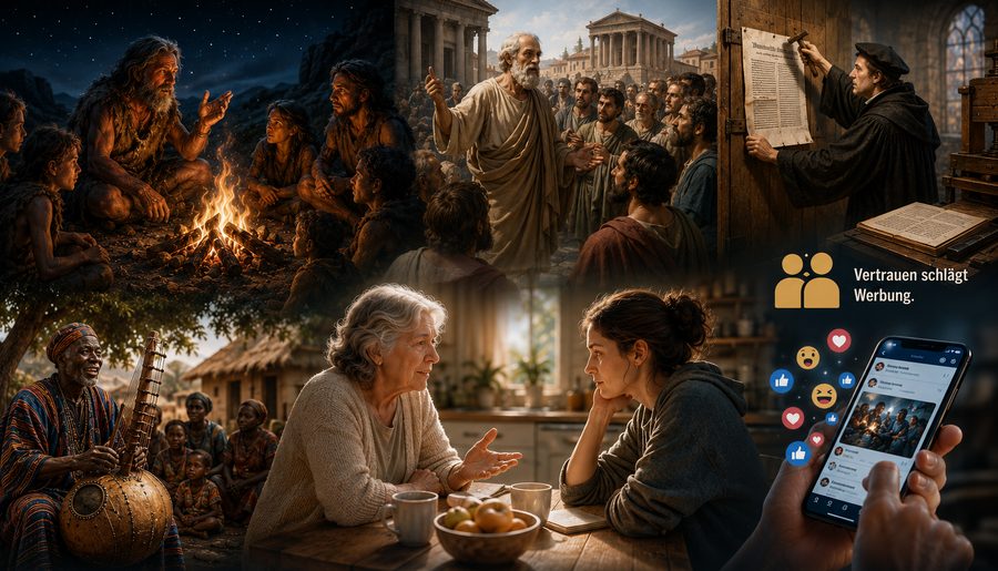 Collage: Erzähler am Lagerfeuer, Sokrates auf der Agora, Luther mit den Thesen, ein Griot mit Kora, zwei Frauen am Küchentisch und ein Smartphone mit Likes