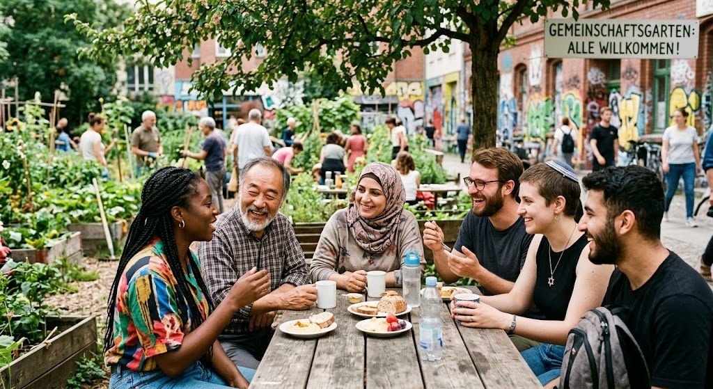 Menschen verschiedener Herkunft und Religion sitzen lachend an einem Holztisch in einem Gemeinschaftsgarten.