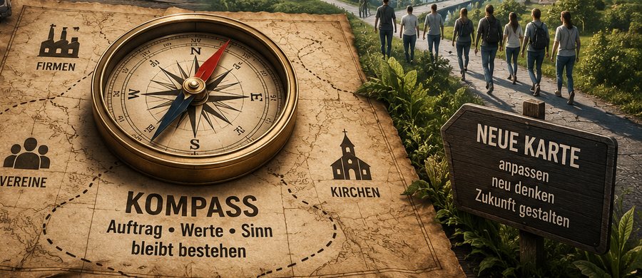 Ein alter Kompass auf einer vergilbten Landkarte, daneben ein Wegweiser „Neue Karte“ und Menschen auf einem neuen Weg