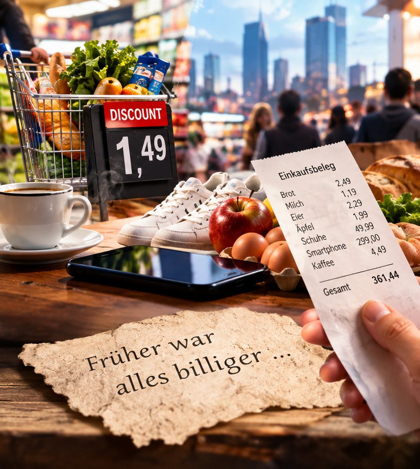 Titelbild des Essays: Einkaufsbeleg, Einkaufswagen und der Zettel „Früher war alles billiger …“