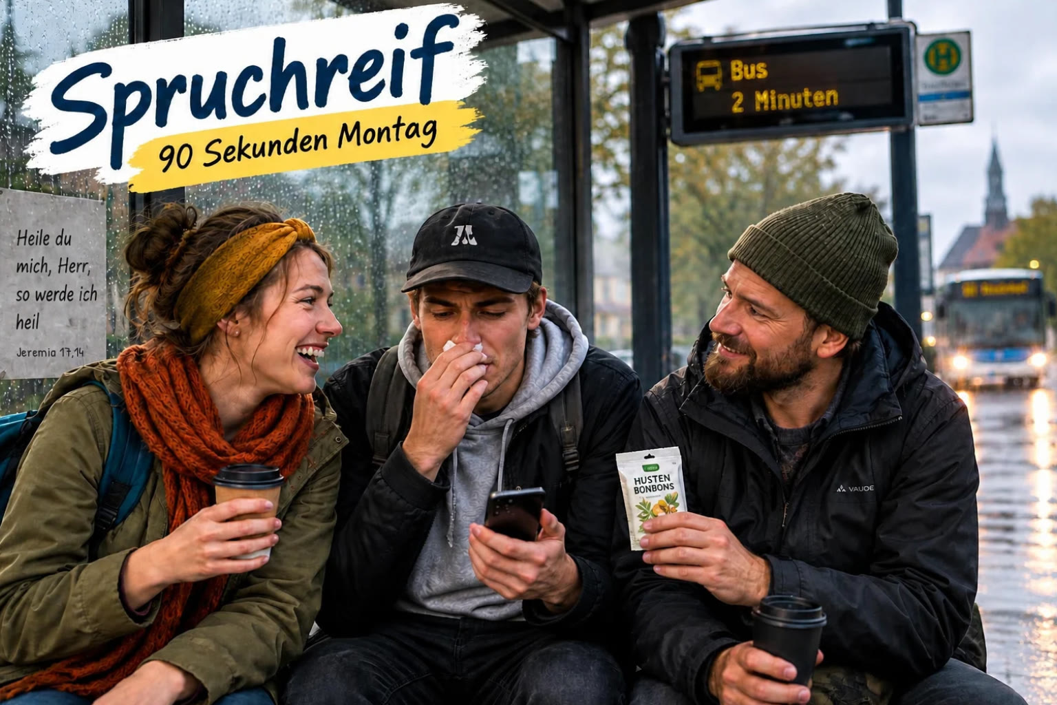 Miriam, Jonas und Hinnerk warten im Regen an der Bushaltestelle