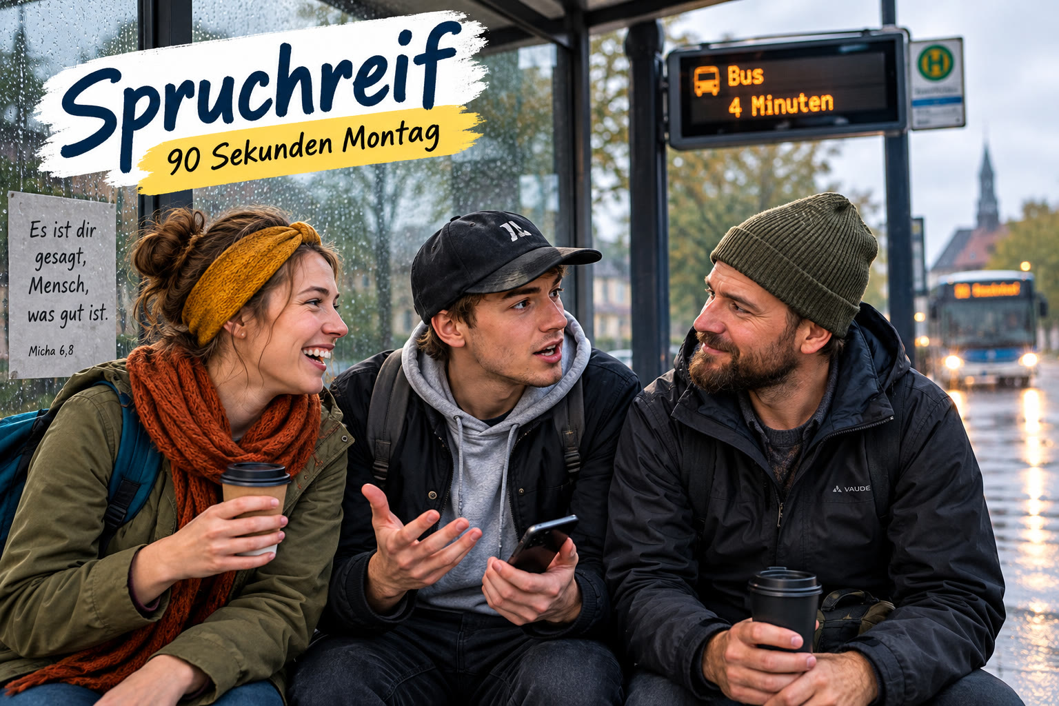 Miriam, Jonas und Hinnerk warten im Regen an der Bushaltestelle